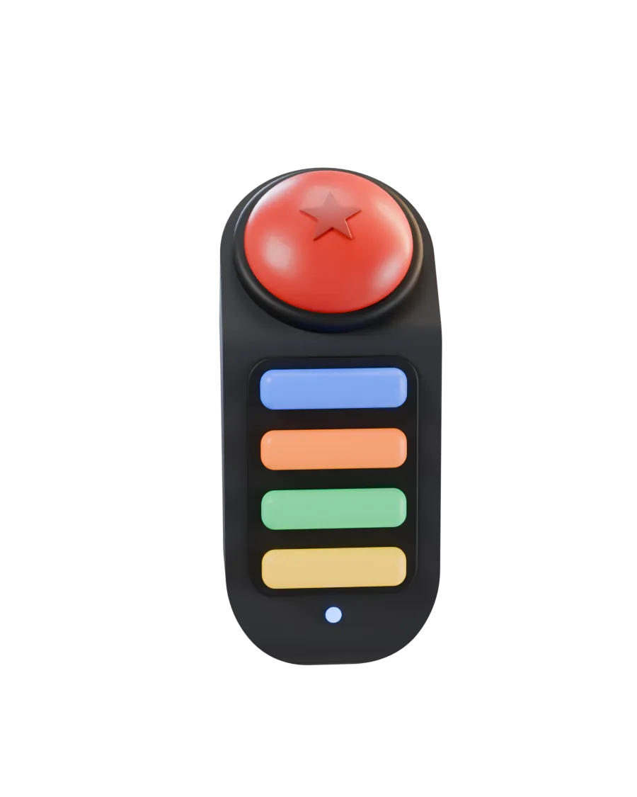 Control de buzzer de Antarion: domo rojo con la estrella de la marca y cuatro botones de color