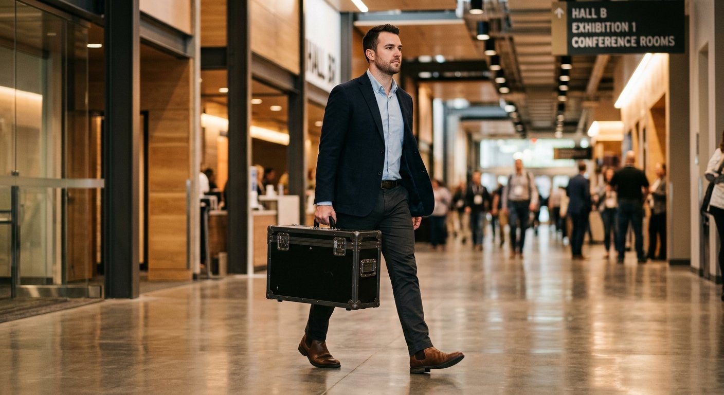 Solo Mode Kiosko — operador llevando el kit al piso de exposición